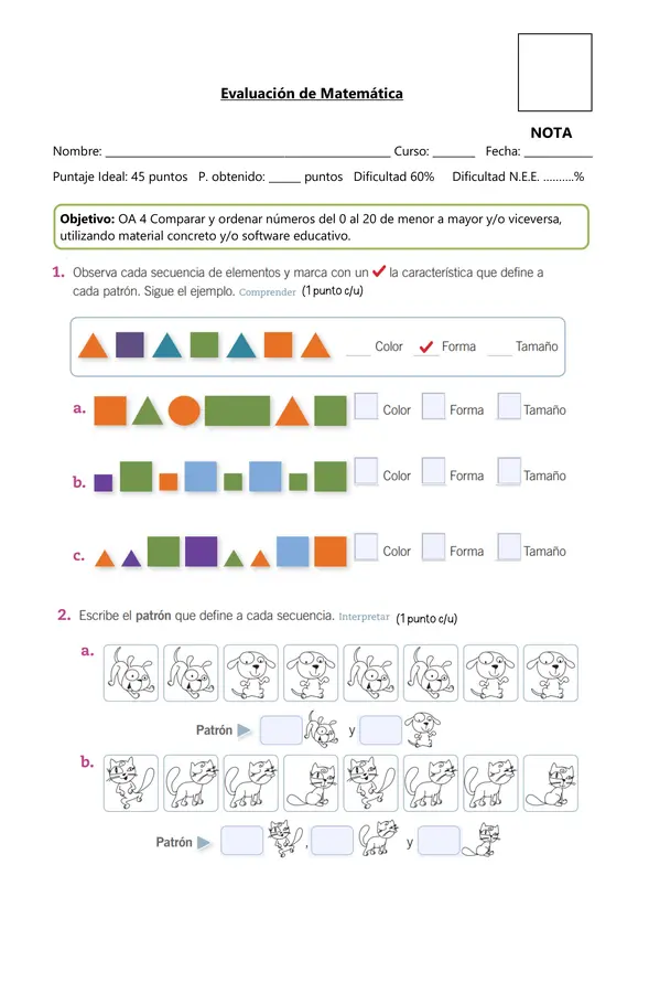 Evaluación descargable: Patrones – Matemática | 1° Básico