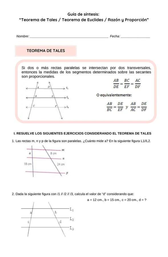 Guía de síntesis: "Teorema de Tales / Teorema de Euclides / Razón y Proporción"