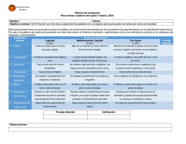 Rúbrica para evaluar cuaderno de copia o caligrafía.