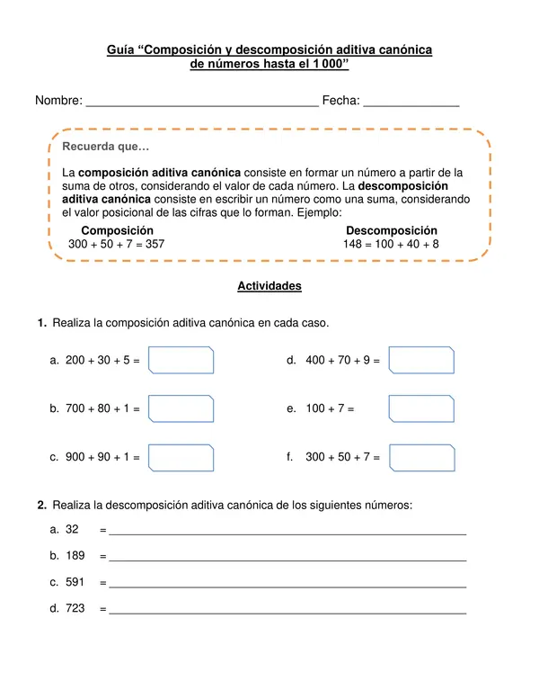 Guía "Composición y descomposición hasta 1000" Tercer año.